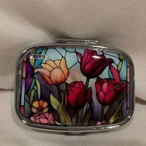 Stained Glass Tulips Flower Travel Pill Box 2 Compartment Medicine Pill Case NEW